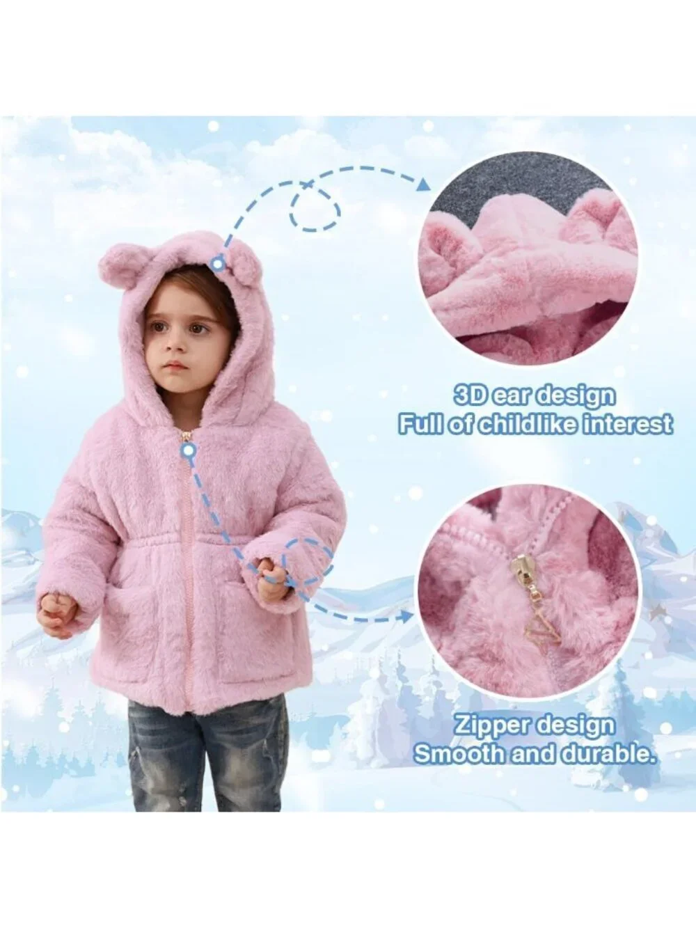 Kids Girls Pink Polyester Winter Warm Outwear Ear Hooded Faux Fur Thicken Fleece